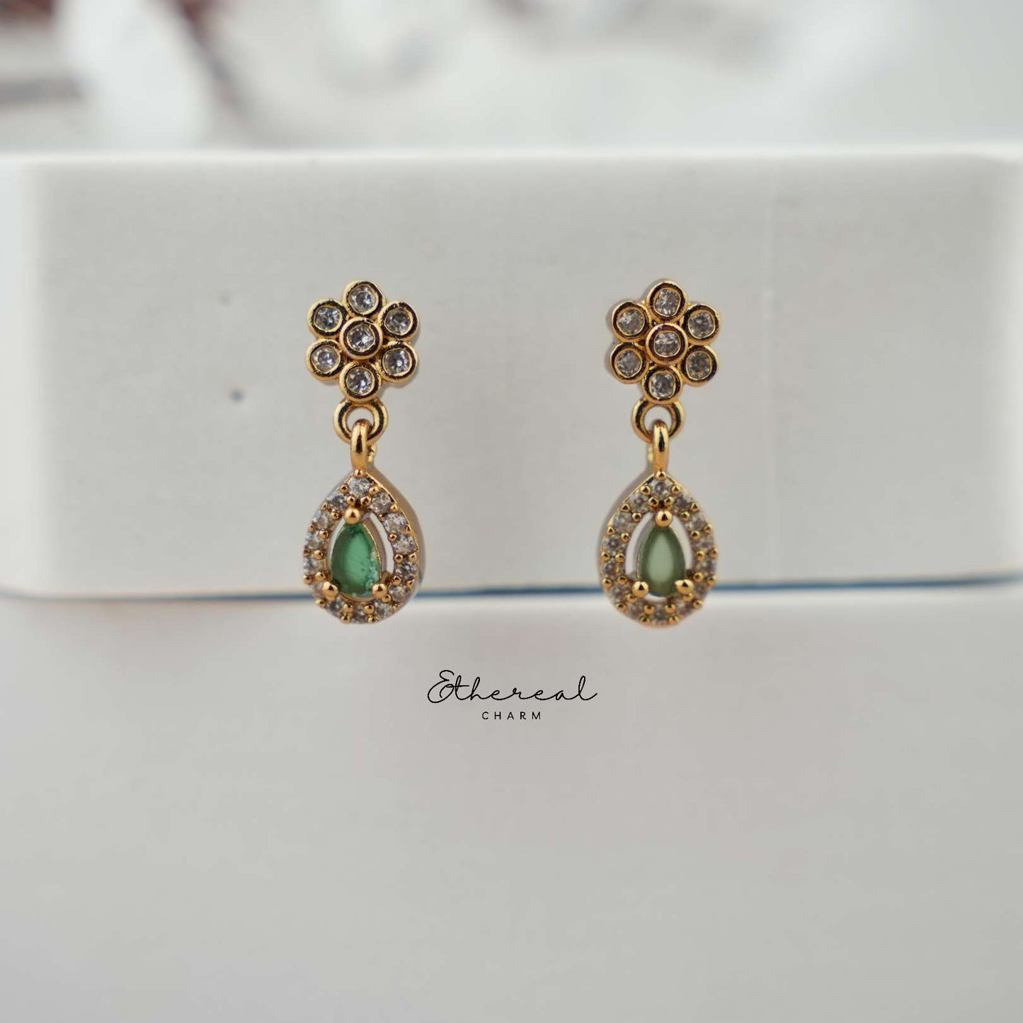 Elegant CZ Necklace with Green Stone Drop