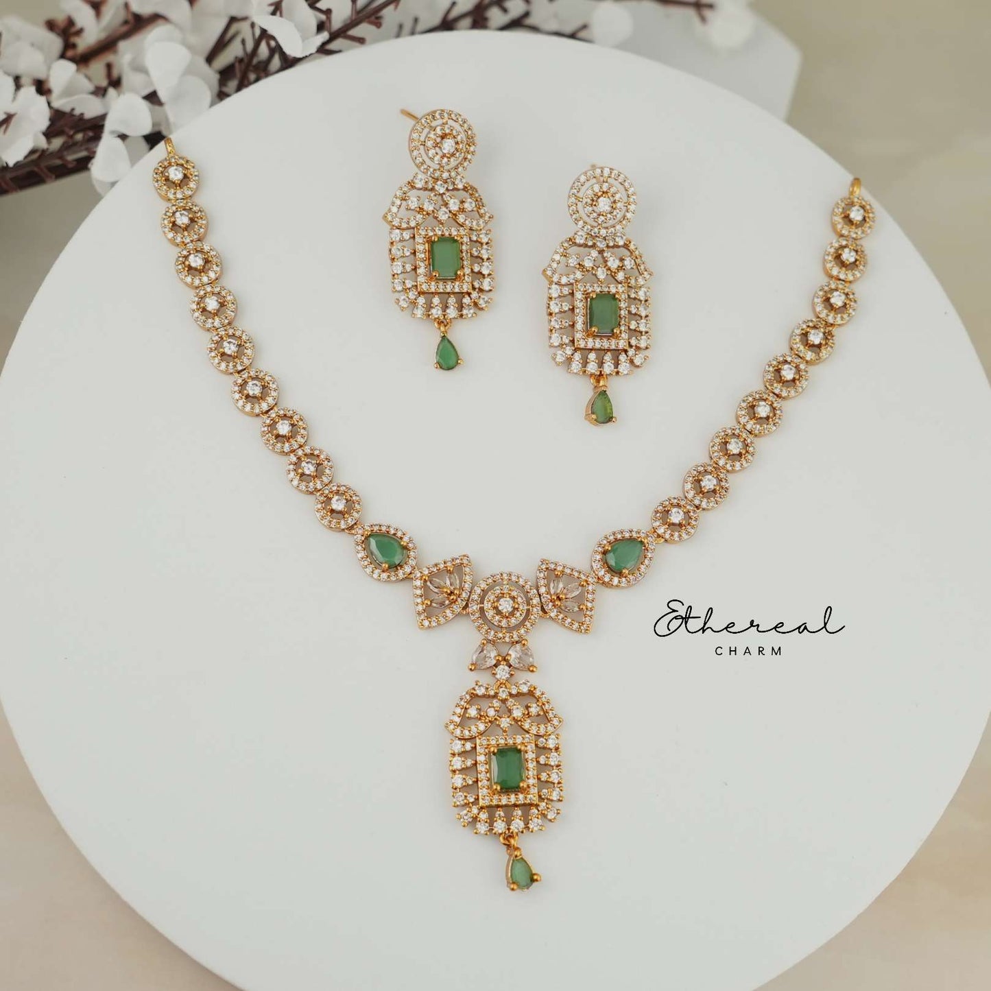 Regal Emerald Block Necklace Set with CZ Detailing