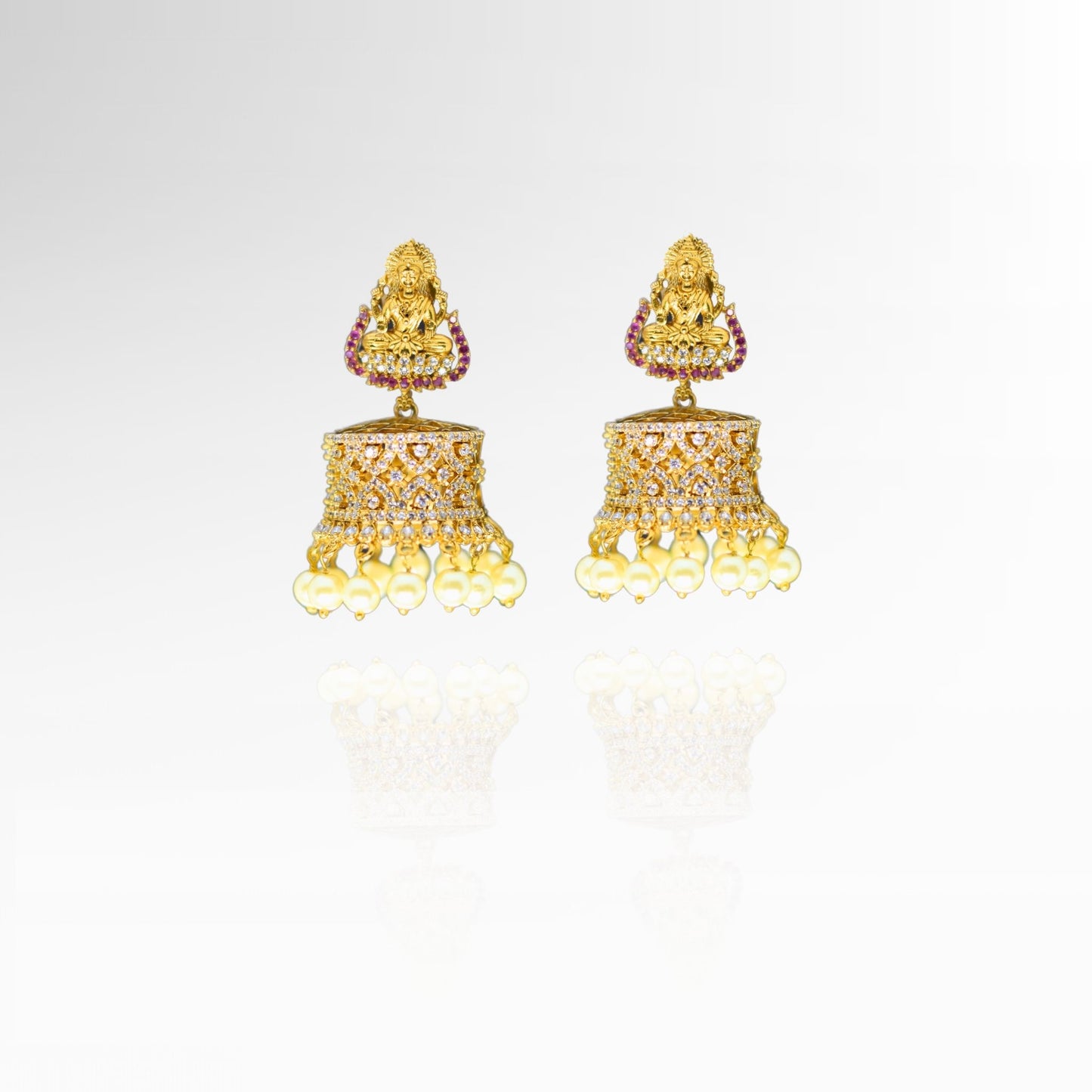 Regal Gold Jhumka Earrings with Mata Lakhsmi and Pearl Accents