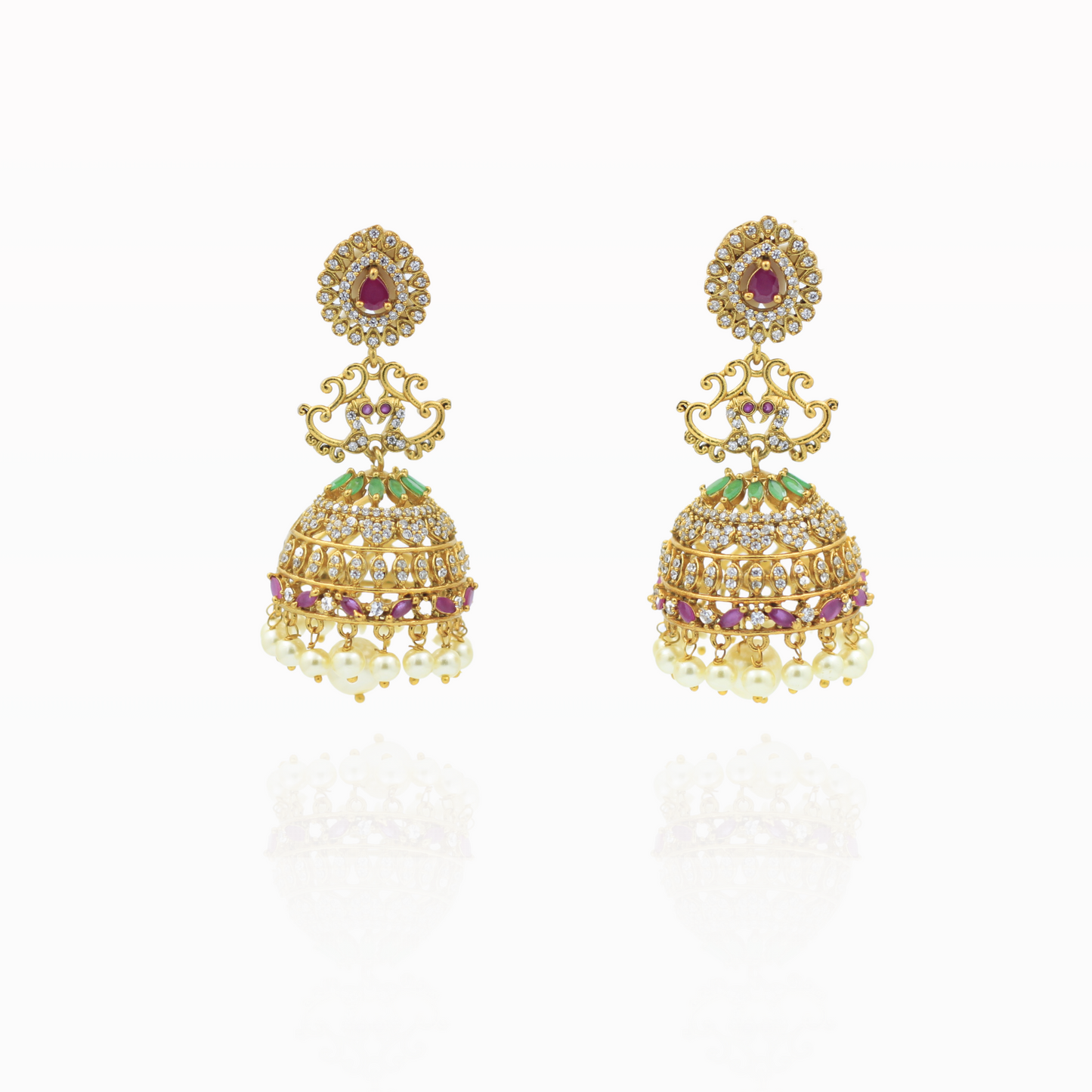 Ornate Gold Jhumka Earrings with Ruby, Emerald, and Pearl Accents