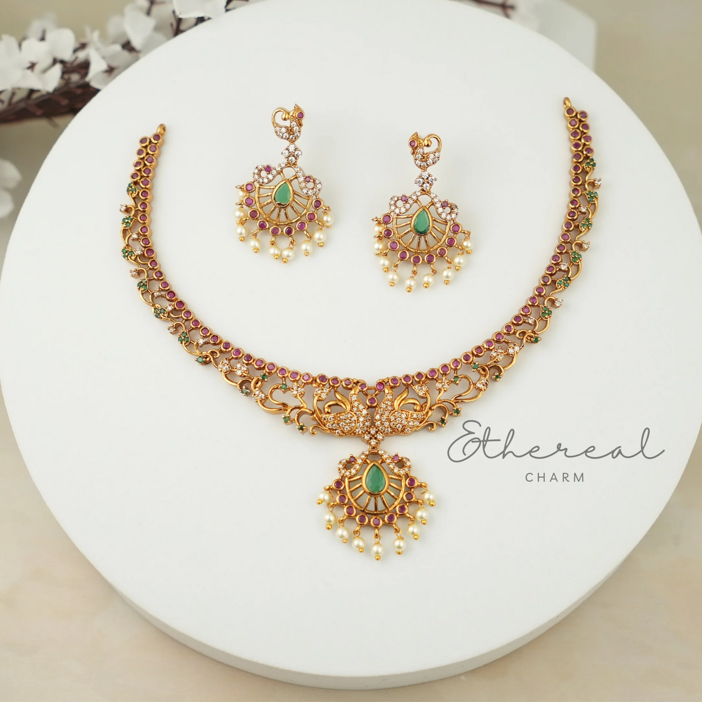 Peacock Charm: Traditional Pearl and Ruby Necklace Set