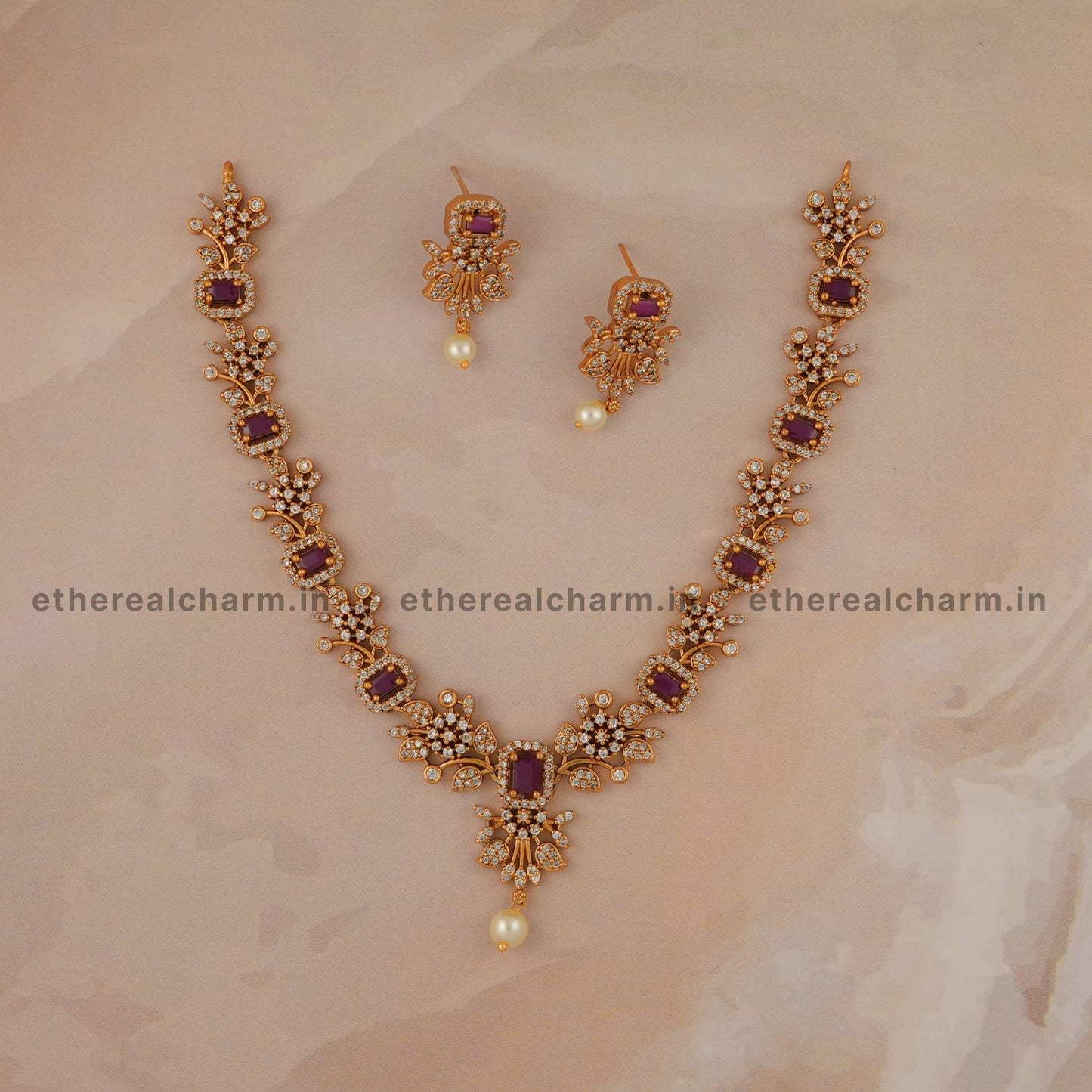 Gold Necklace Set with Gemstone Highlights and Pearl Drops