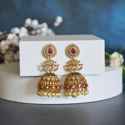 Ornate Gold Jhumka Earrings with Ruby, Emerald, and Pearl Accents