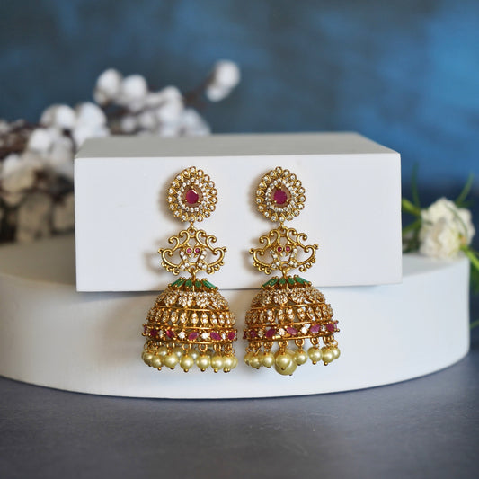 Ornate Gold Jhumka Earrings with Ruby, Emerald, and Pearl Accents