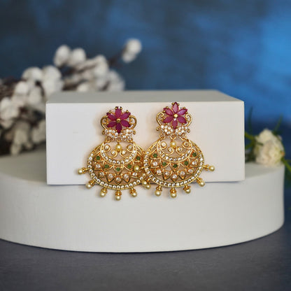 Elegant Gold Chandbali Earrings with Pink Floral Design and Pearl Accents