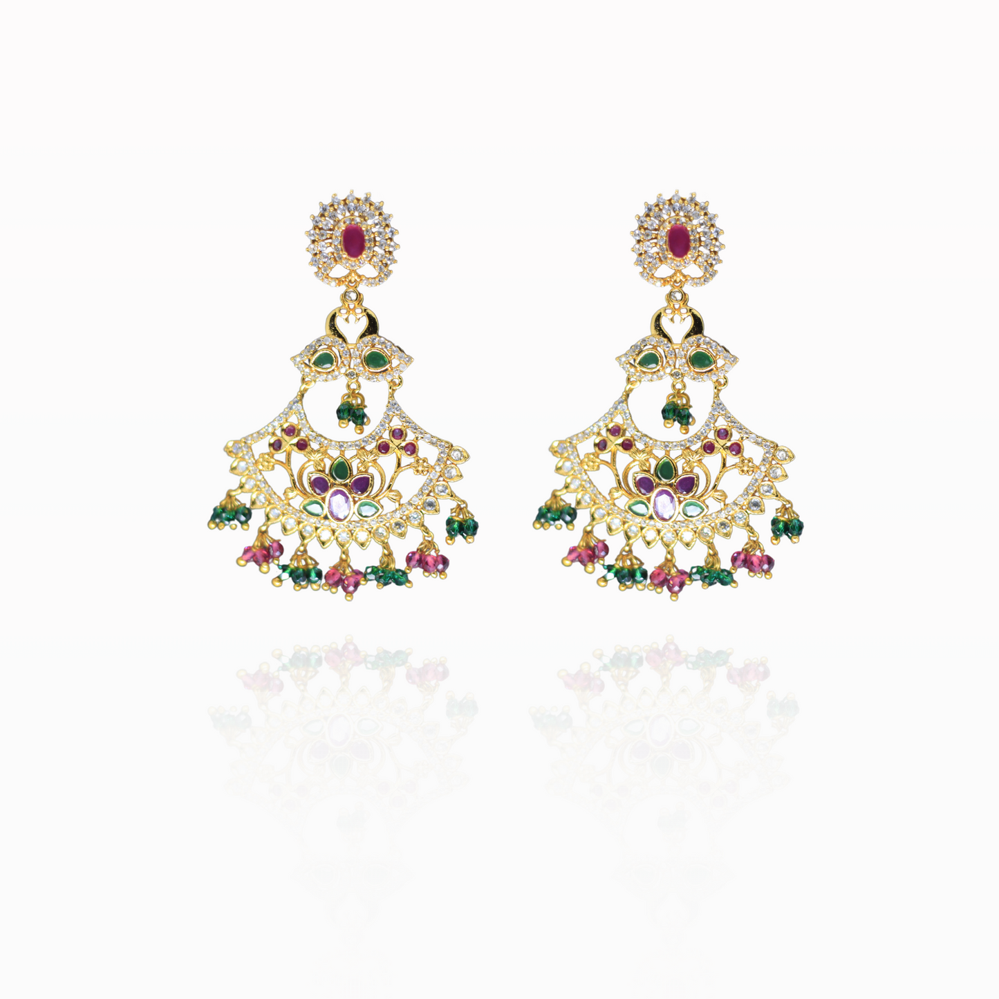 Exquisite Gold Chandelier Earrings with Ruby, Emerald, and Crystal Accents