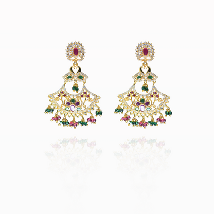 Exquisite Gold Chandelier Earrings with Ruby, Emerald, and Crystal Accents