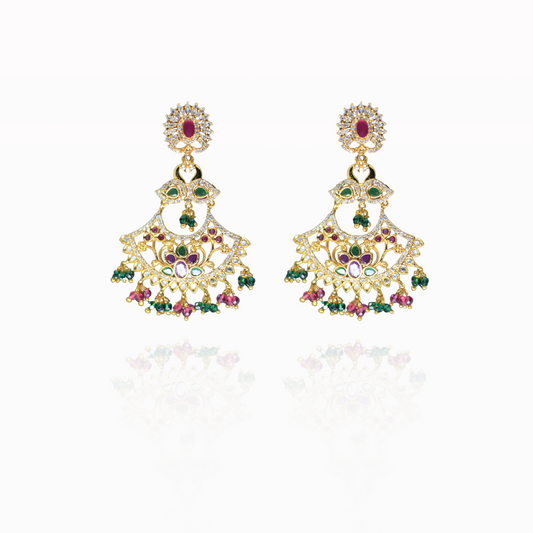 Exquisite Gold Chandelier Earrings with Ruby, Emerald, and Crystal Accents
