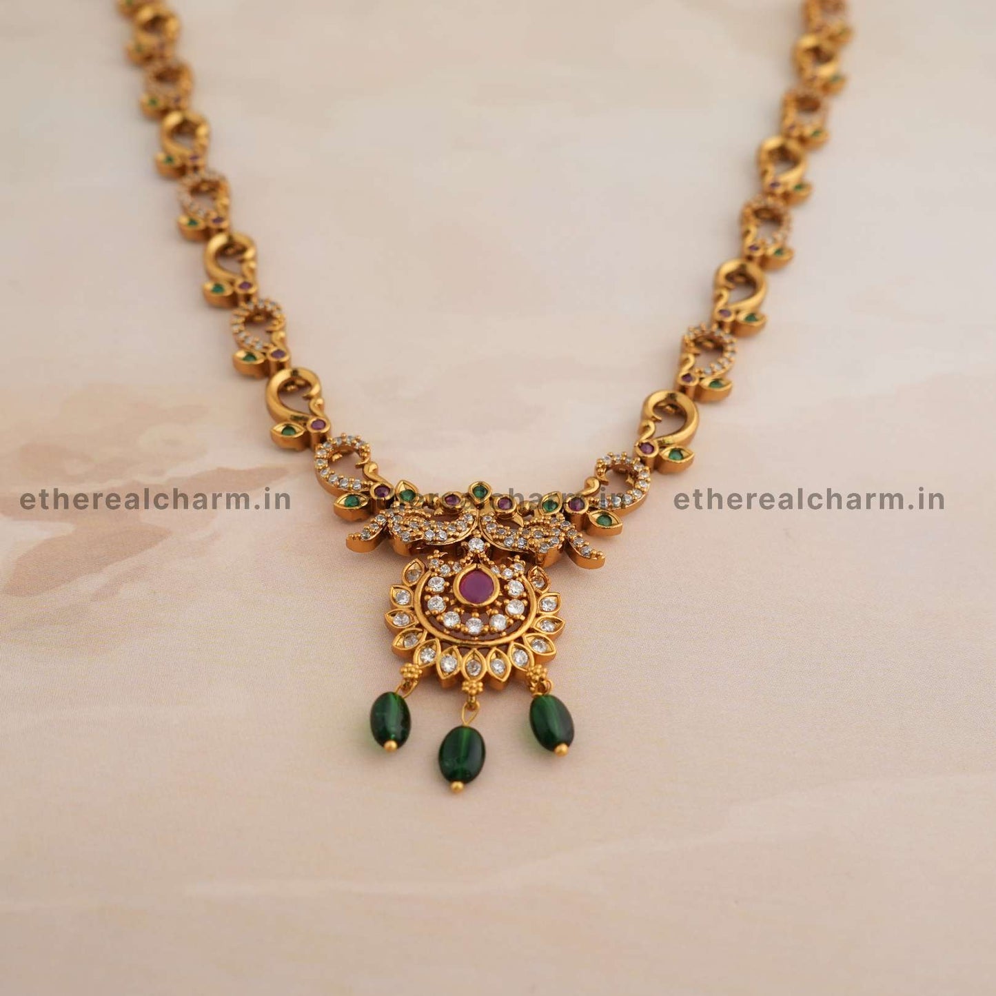 Peacock-Inspired Necklace Set with Green Beads