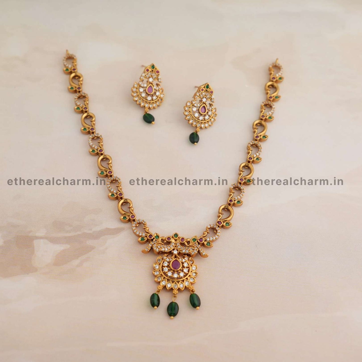 Peacock-Inspired Necklace Set with Green Beads