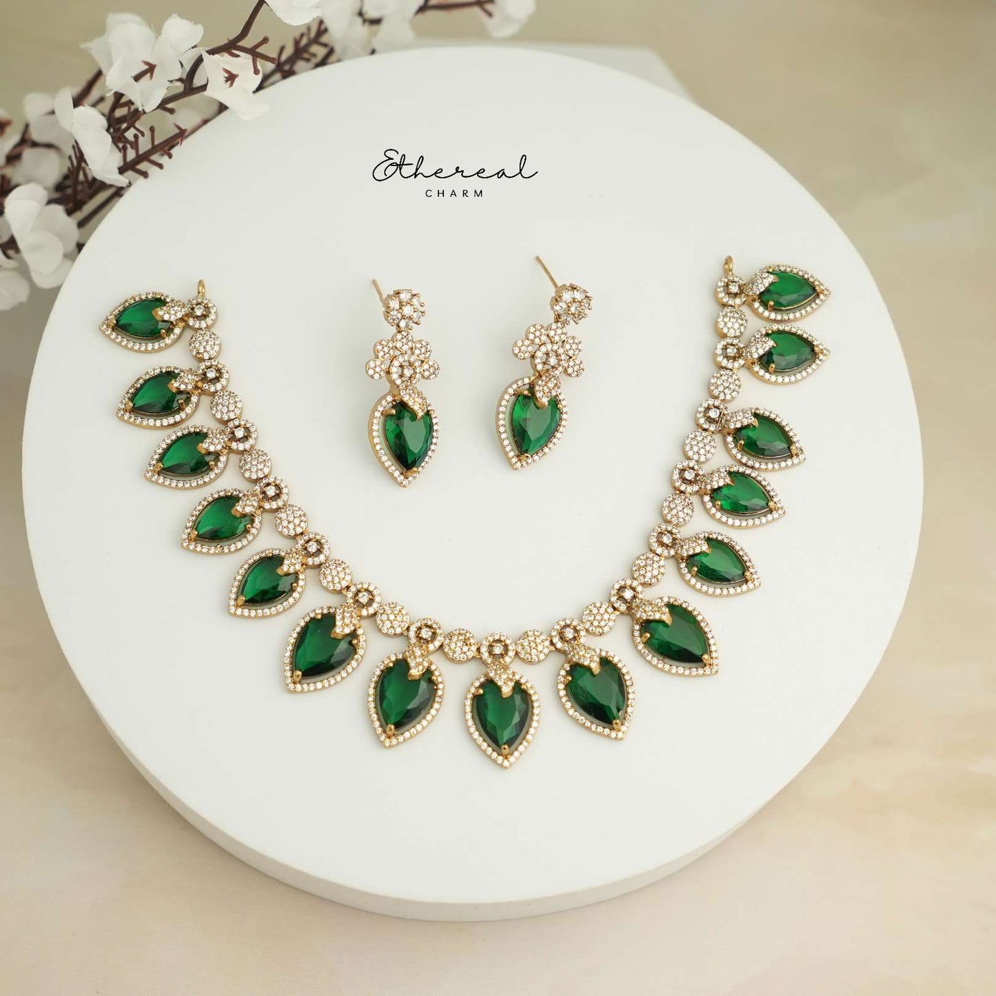 Emerald Drop Necklace Set with Dazzling CZ Accents