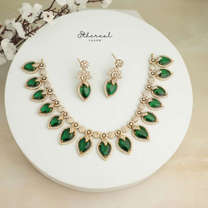 Emerald Drop Necklace Set with Dazzling CZ Accents