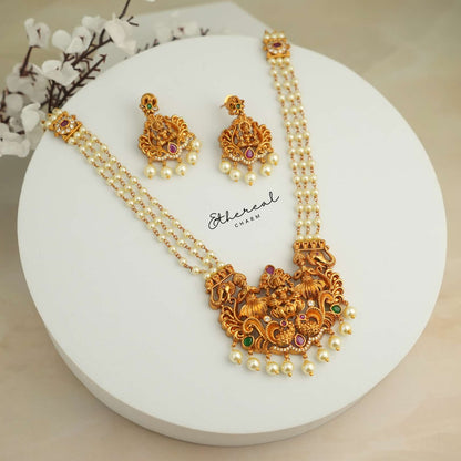 Regal Lakshmi Temple Necklace Set with Pearl Drops