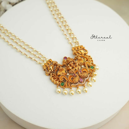 Regal Lakshmi Temple Necklace Set with Pearl Drops