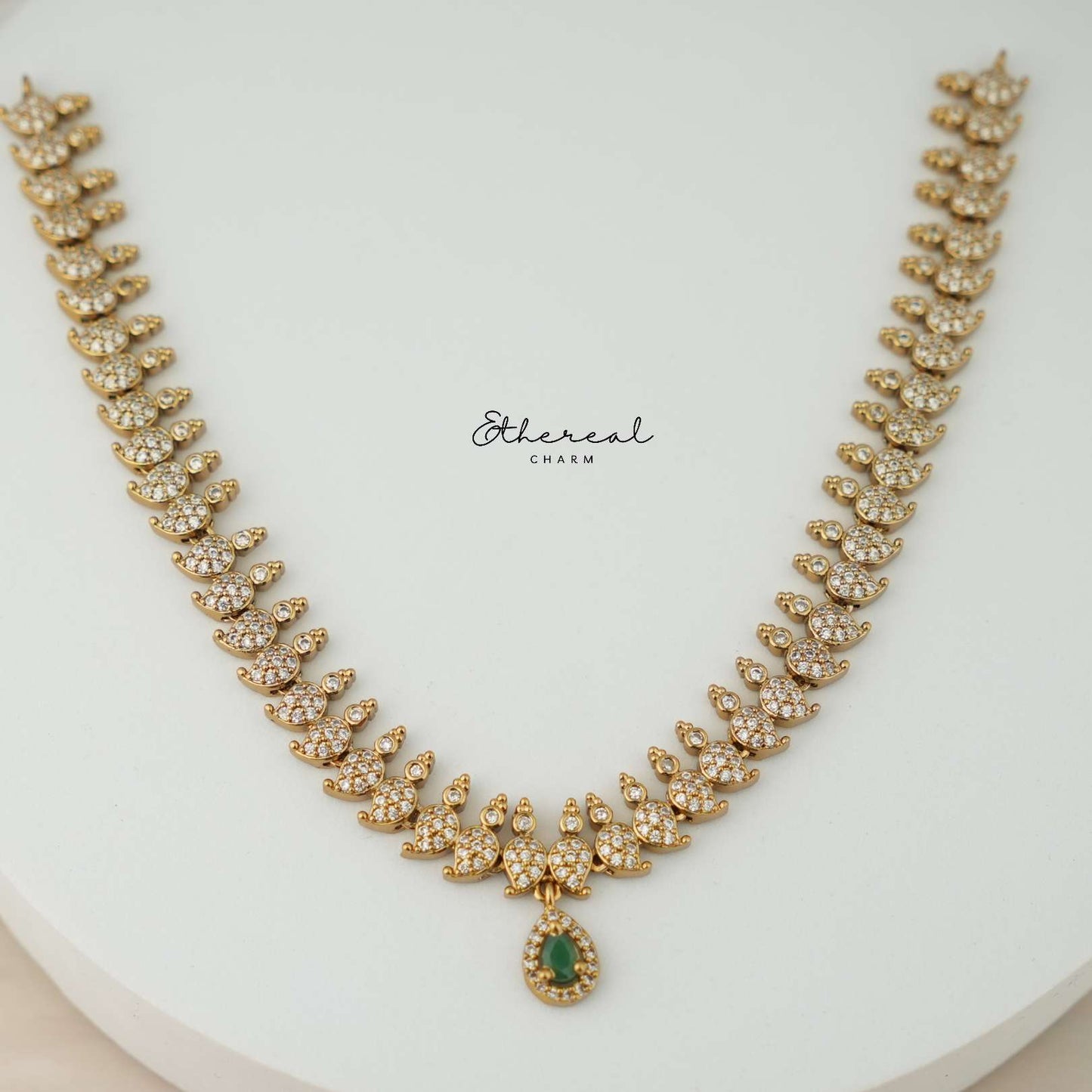 Elegant CZ Necklace with Green Stone Drop