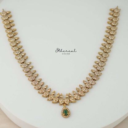 Elegant CZ Necklace with Green Stone Drop
