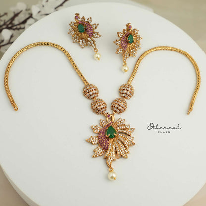 Majestic Peacock Pendant Necklace Set with Green Emerald Accents