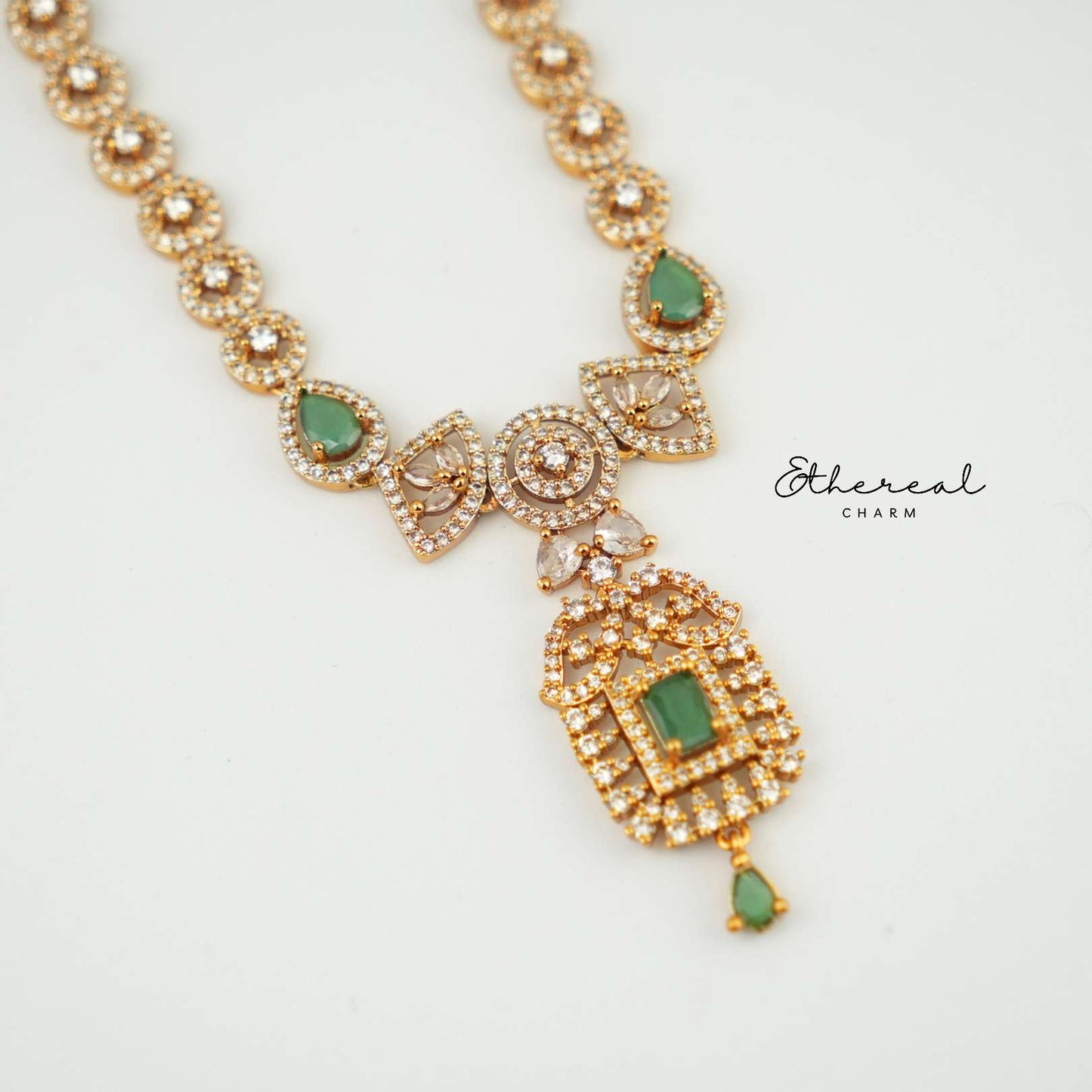 Regal Emerald Block Necklace Set with CZ Detailing