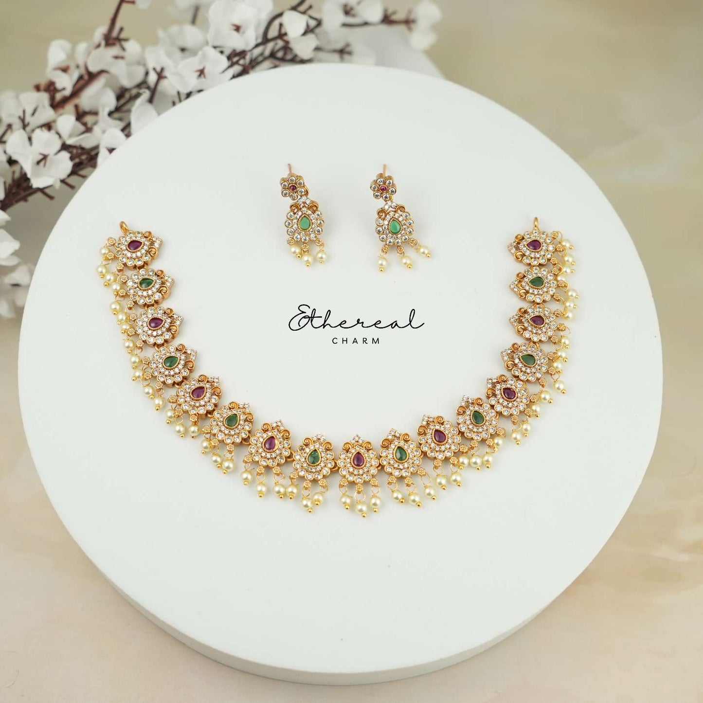 Splendid Ruby and Emerald Floral Necklace Set