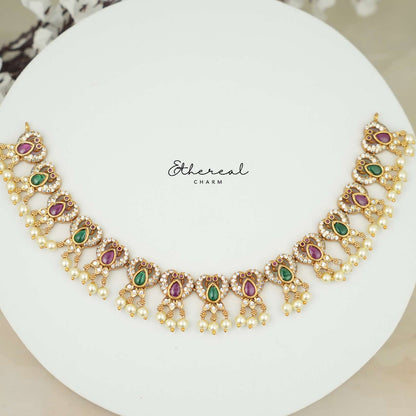 Multicolored Teardrop Stone Necklace with Pearl Drops