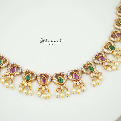 Multicolored Teardrop Stone Necklace with Pearl Drops