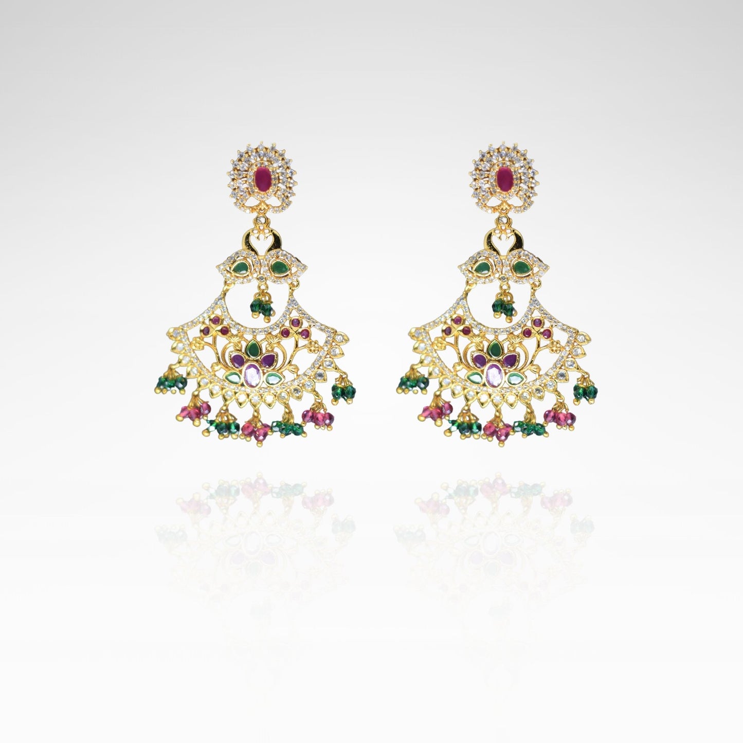 Exquisite Gold Chandelier Earrings with Ruby, Emerald, and Crystal Accents