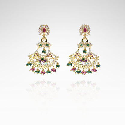 Exquisite Gold Chandelier Earrings with Ruby, Emerald, and Crystal Accents