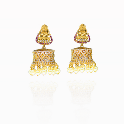 Regal Gold Jhumka Earrings with Mata Lakhsmi and Pearl Accents