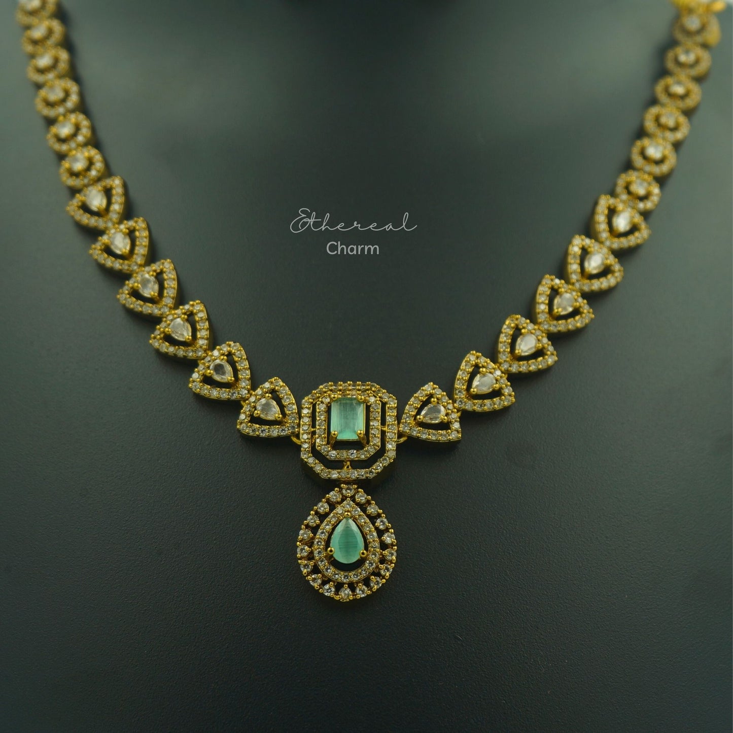 Victorian-Style Gold Necklace Set with Aqua stone