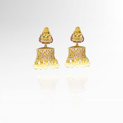 Regal Gold Jhumka Earrings with Mata Lakhsmi and Pearl Accents