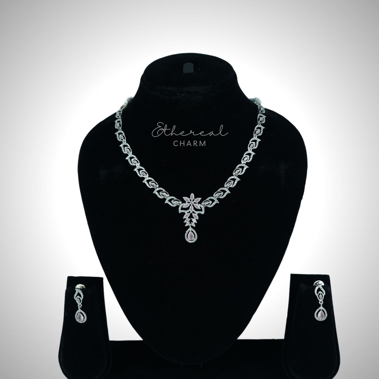 Ethereal Grace: Floral Pendant Necklace Set with Teardrop Accent