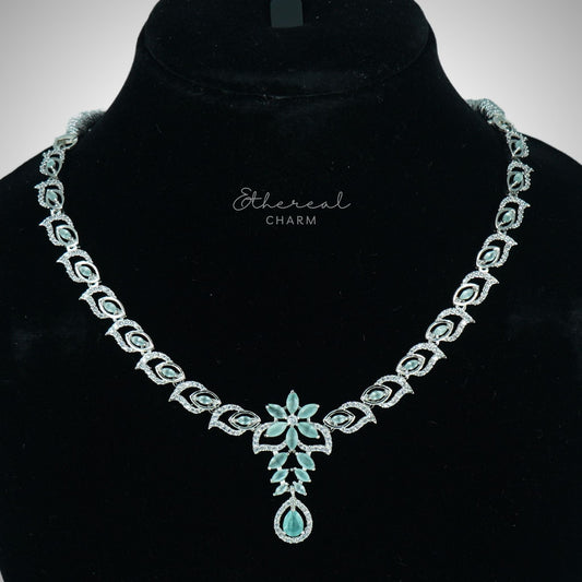 Ethereal Grace: Floral Pendant Necklace Set with Teardrop Accent