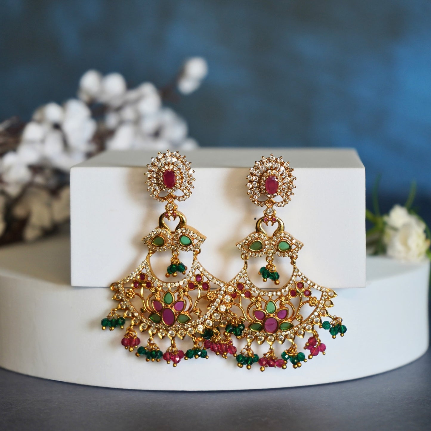 Exquisite Gold Chandelier Earrings with Ruby, Emerald, and Crystal Accents