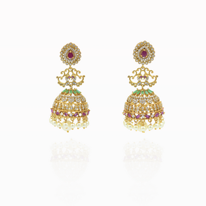 Ornate Gold Jhumka Earrings with Ruby, Emerald, and Pearl Accents