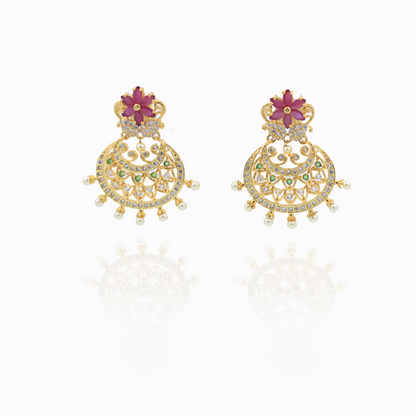 Elegant Gold Chandbali Earrings with Pink Floral Design and Pearl Accents