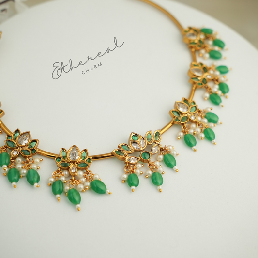 Lotus Design Necklace Set with Seven Pendants and Green Drops