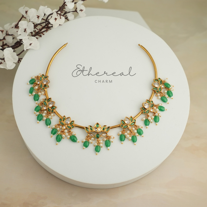 Lotus Design Necklace Set with Seven Pendants and Green Drops