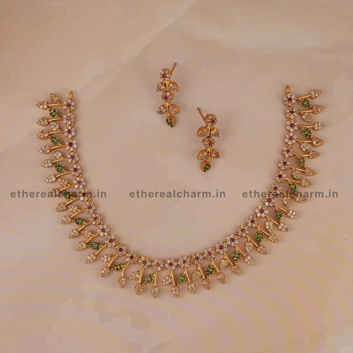 Leaf Motif Necklace Set with Sparkling Stones