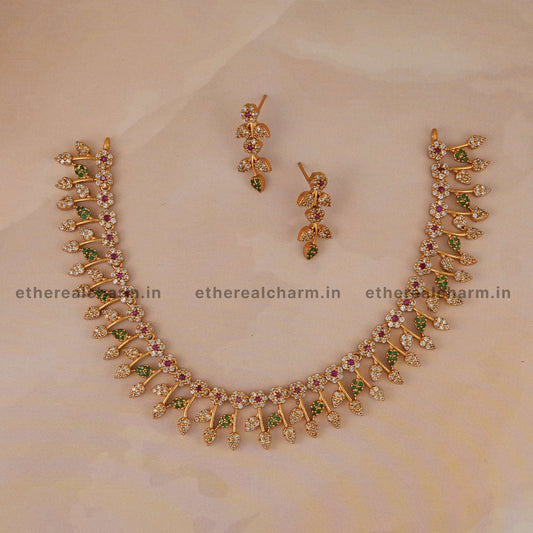 Leaf Motif Necklace Set with Sparkling Stones