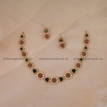 Gold Necklace Set with Floral Design
