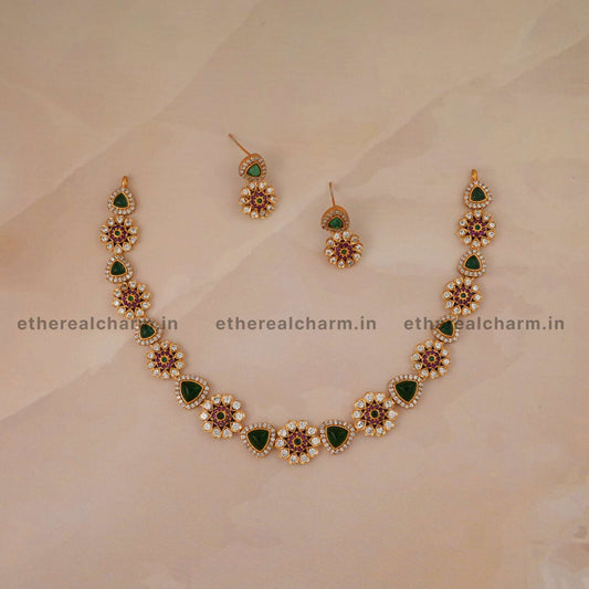 Gold Necklace Set with Floral Design