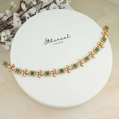Elegant Green Square-Cut Necklace with Floral CZ Accents