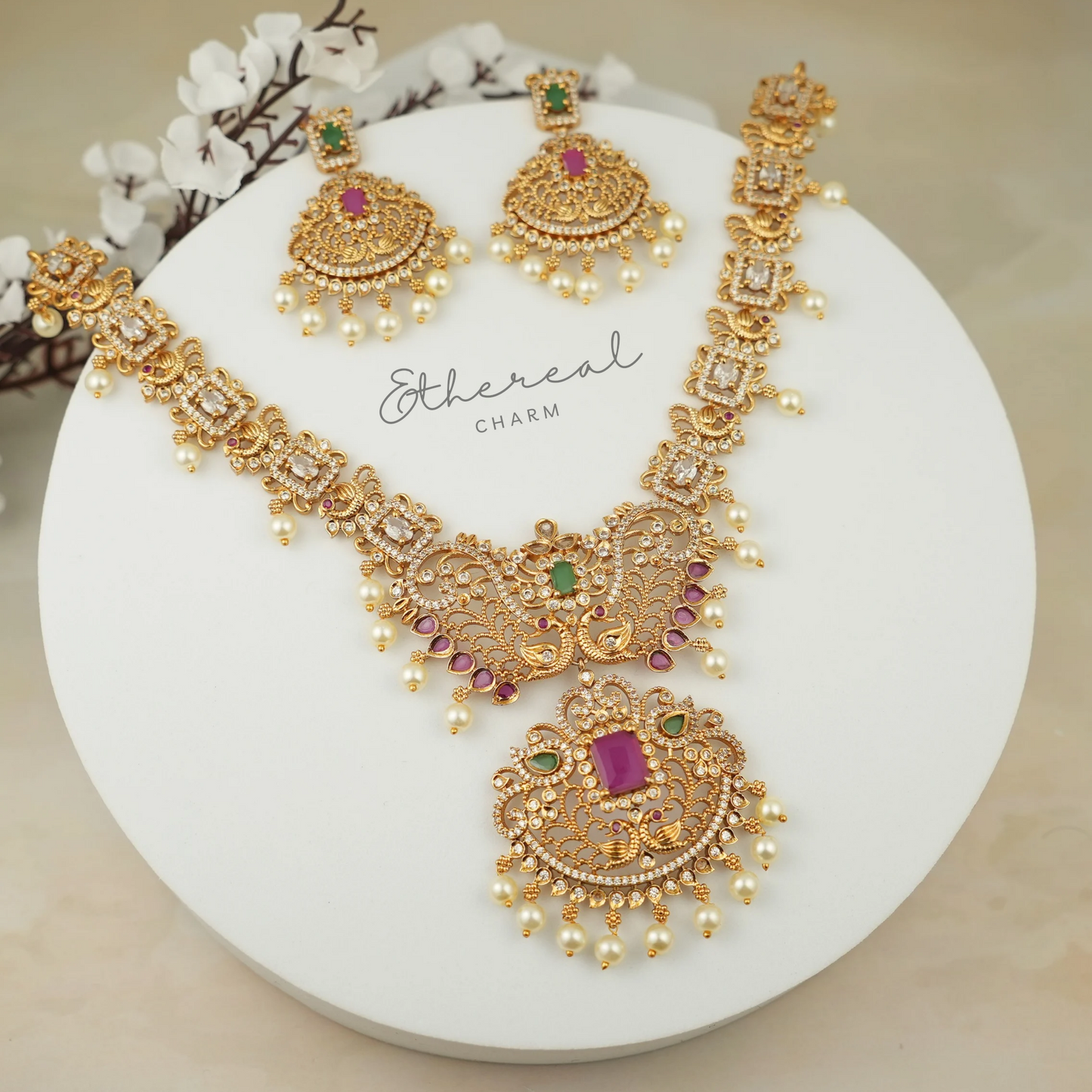 Peacock Glory: Exquisite Ruby and Pearl Necklace Set