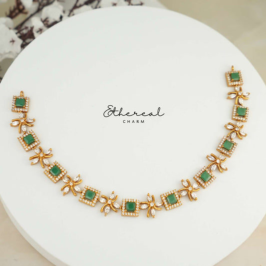 Elegant Green Square-Cut Necklace with Floral CZ Accents
