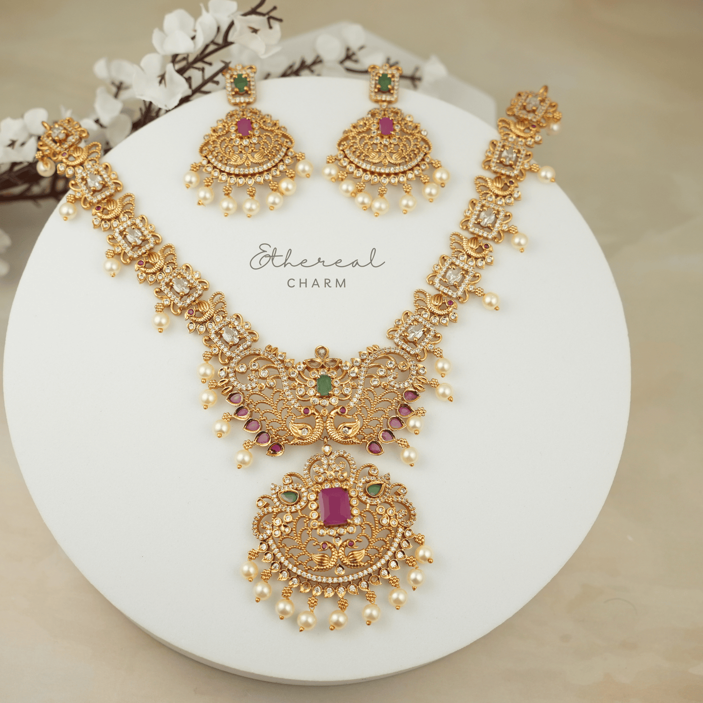 Peacock Glory: Exquisite Ruby and Pearl Necklace Set