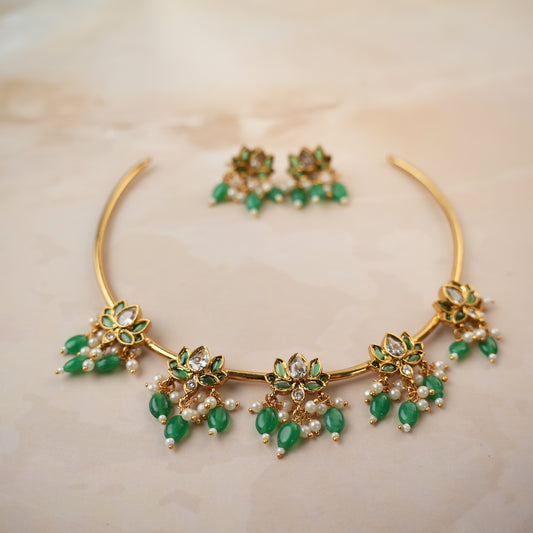 Lotus Design Necklace Set with Green Drops