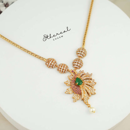 Majestic Peacock Pendant Necklace Set with Green Emerald Accents