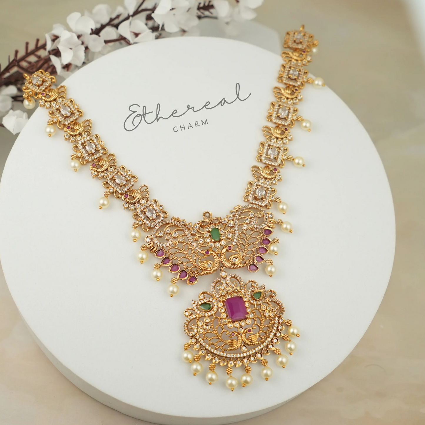 Peacock Glory: Exquisite Ruby and Pearl Necklace Set