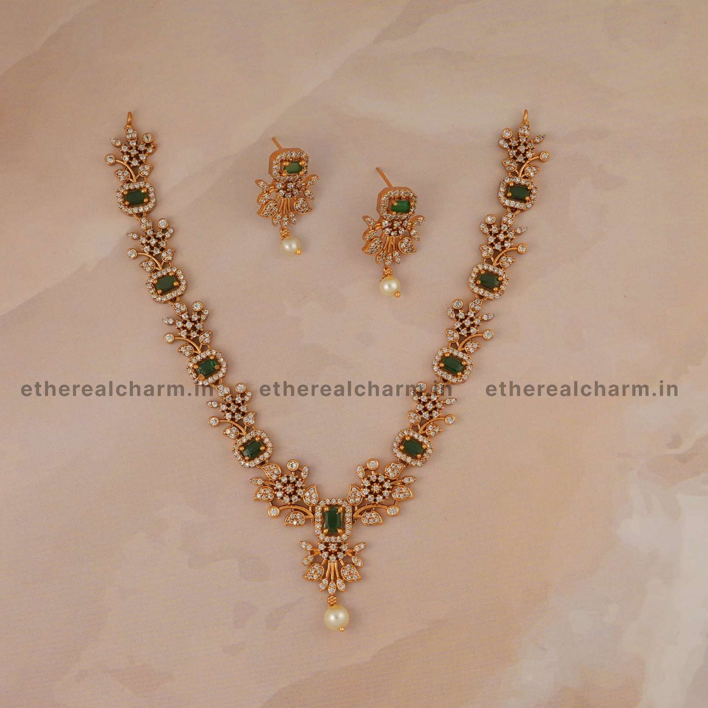 Gold Necklace Set with Gemstone Highlights and Pearl Drops