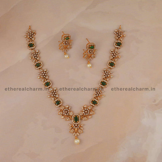 Gold Necklace Set with Gemstone Highlights and Pearl Drops